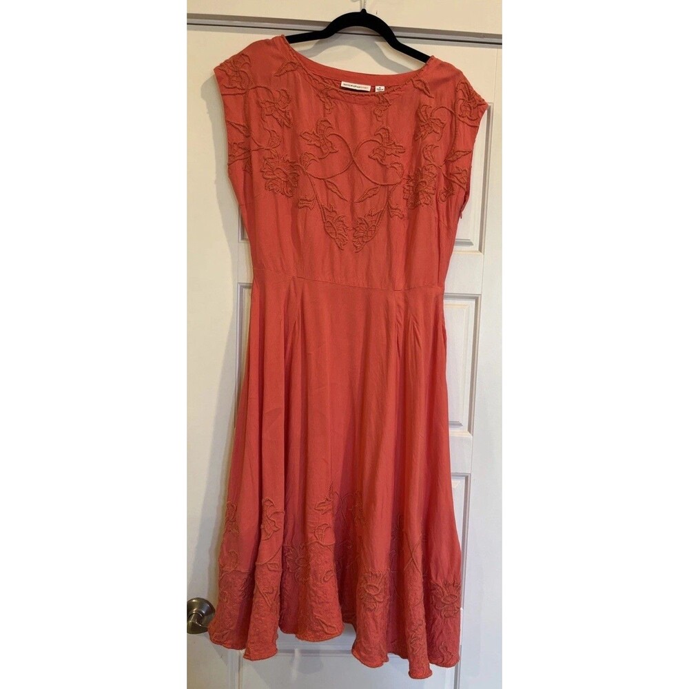 Isaac Micah LIVE! Midi A-line Dress, Size 8, Linen, Embroidery, Peach Pink - Picture 2 of 14